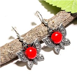 TURQUOISE GEMSTONE SILVER PLATED HOOK EARRING 1.5"