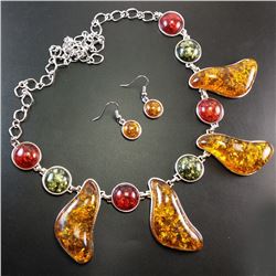 BALTIC AMBER GEMSTONE SILVER PLATED HANDMADE NECKLACE WITH EARRINGS