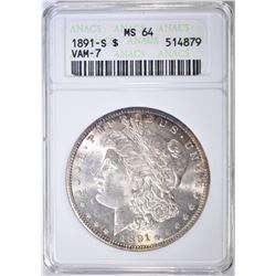 1891-S MORGAN DOLLAR ANACS MS-64 VAM 7