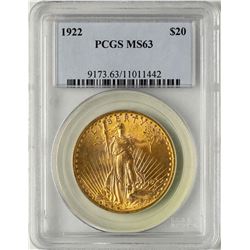 1922 $20 St. Gaudens Double Eagle Gold Coin PCGS MS63