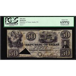 1840 $50 Republic of Texas Obsolete Note PCGS 63PPQ Cut Canceled