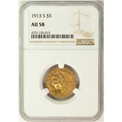 1913-S $5 Indian Head Half Eagle Gold Coin NGC AU58