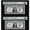 Image 1 : (2) Consecutive 1957B $1 Silver Certificate Notes Mismatch Serial Numbers PMG Gem Unc. 66EPQ