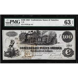 1862 $100 Confederate State of America Note T-39 PMG Choice Uncirculated 63EPQ