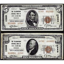 Set of 1929 $5/$10 St. Louis, MO CH# 12389 National Currency Notes