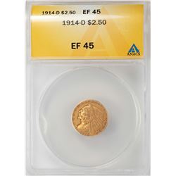 1914-D $2 1/2 Indian Head Quarter Eagle Gold Coin ANACS XF45