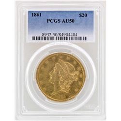 1861 $20 Liberty Head Double Eagle Gold Coin PCGS AU50
