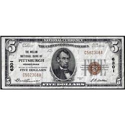 1929 $5 Mellon NB of Pittsburgh, PA CH# 6301 National Currency Note
