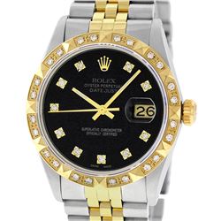 Rolex Mens Two Tone 14K Black Diamond Pyramid Bezel Datejust Wristwatch