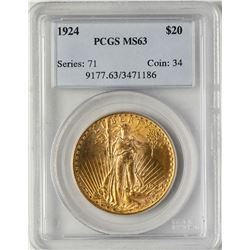 1924 $20 St. Gaudens Double Eagle Gold Coin PCGS MS63