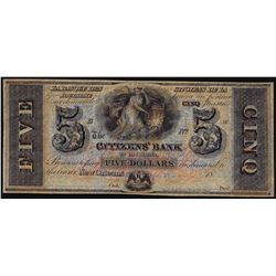 1800's $5 Citizens Bank of Louisiana Obsolete Note