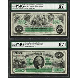 Low Serial Pair 1872 $20 & $50 South Carolina Obsolete Notes PMG Superb Gem Unc 67EPQ