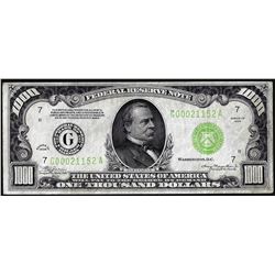 1934 $1,000 Federal Reserve Note Chicago Light Green Seal