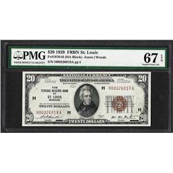 1929 $20 Federal Reserve Note St. Louis Fr.1870-H PMG Superb Gem Unc 67EPQ