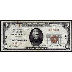 1929 $20 National Bank Milwaukee, WI CH# 64 National Currency Note