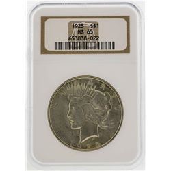 1925 $1 Peace Silver Dollar Coin NGC MS65