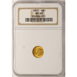 1853 $1 Liberty Head Gold Dollar Coin NGC MS63