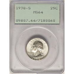 1938-S Washington Quarter Coin PCGS MS64 Old Green Rattler Holder