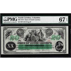 1872 $20 State of South Carolina Obsolete Note PMG Gem Unc. 67EPQ Low Serial Number