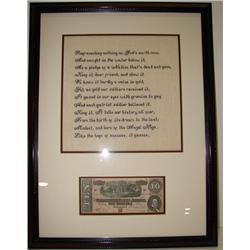 FRAMED $10 CONFEDERATE NOTE WITH POEM