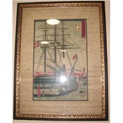 ORIENTAL WOODBLOCK PRINT OF SHIP