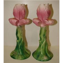 PAIR OF FIGURAL FLORAL DECORATED POTTERY CANDLEST