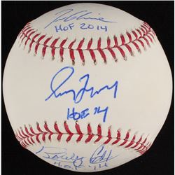 Tom Glavine, Greg Maddux,  Bobby Cox Signed OML Baseball with Hall of Fame Inscriptions (Steiner COA