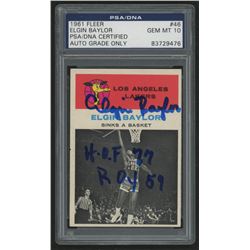 Elgin Baylor Signed 1961-62 Fleer #46 In-Action Inscribed "H.O.F 77"  "ROY 59" (PSA Encapsulated)