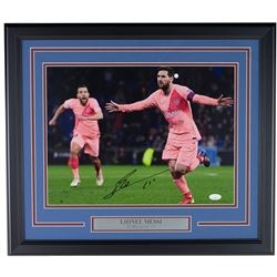 Lionel Messi Signed FC Barcelona 19x22 Custom Framed Photo Display Inscribed "Leo" (ICONS COA  JSA C