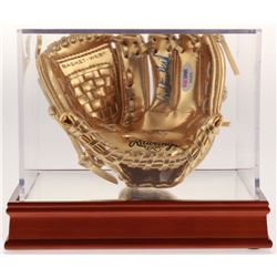 Carlton Fisk Signed Mini Gold Baseball Glove with Wood Base Display Case (PSA COA)