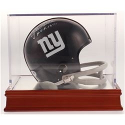 Y. A. Tittle Signed New York Giants Mini Helmet with Wood Base Display Case Inscribed "H.O.F. 1971" 