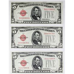 THREE 1928-B $5.00 U.S. NOTES