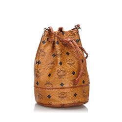 MCM Visetos Leather Drawstring Bucket Bag