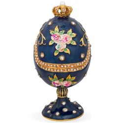 Royal Crown with Flowers Blue Enamel Inspired Russian Egg 4.5 Inches