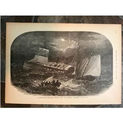 19thc Civil War Engraving, Sinking of Confederate Schooner By Federal Schooner