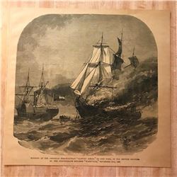 19thc Civil War Engraving, Burning American Merchant Vessel by Confederates Steamer Nashville