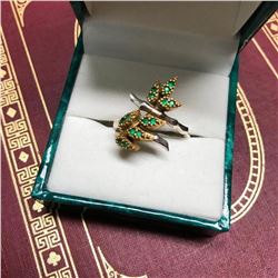 Vintage Sterling Silver & Emerald Bamboo Leaves Ring