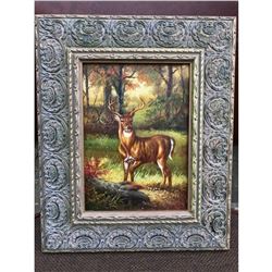 20thc Oil Painting, Hunt Scene, Woodland Stag Deer