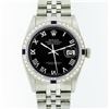Rolex Mens Stainless Steel Black Roman Diamond & Sapphire Datejust Wristwatch