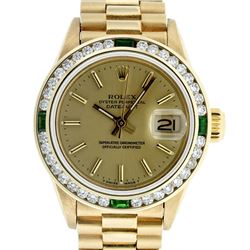 Rolex Ladies 18K Yellow Gold Emerald And Champagne Index President Wristwatch Wi