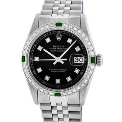 Rolex Mens Stainless Steel Black Diamond & Emerald Datejust Wristwatch