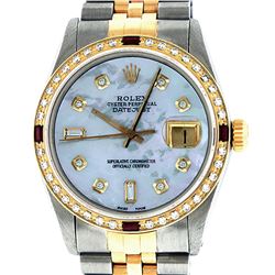 Rolex Mens 2 Tone 14K Mother Of Pearl Diamond & Ruby Datejust Wristwatch