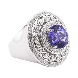 6.94 ctw Tanzanite and Diamond Ring - 14KT White Gold