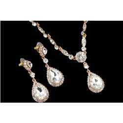 Elegant Rose Gold Plated Clear Czech Crystal Wedding Necklace & Earrings Jewelry Set