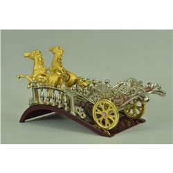 Gold & Silver Plated Horse Chariot Wine Holder Metal Sculpture 5.5" x 11"