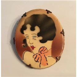 1920's Art Deco Flapper Girl Painting on Porcelain, Brooch Pin