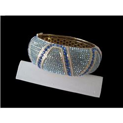 Gold Tone W/blue Rhinestones Hinged Bracelet Chunky