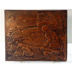 Vintage WWII Miltary Tank & Soldiers Hammered Copper Decorative Tile