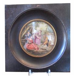 Antique Signed Miniature Painting on Porcelain, Royal Court Scene