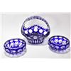 Image 1 : Three pieces of cobalt cut to clear pinwheel crystal including 8 1/2" handled basket and a pair of a